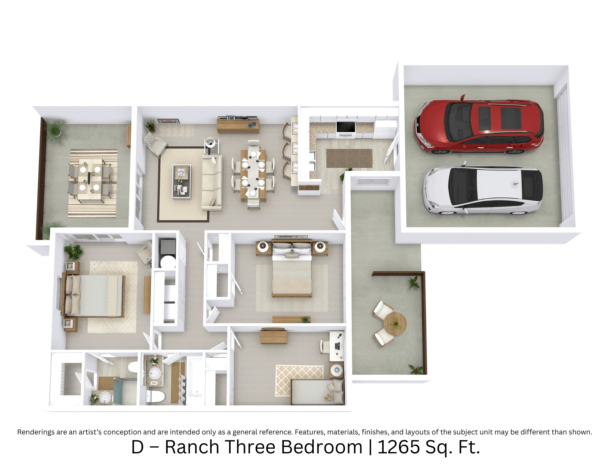 Floor plan for 3 beds, 2 baths, 1265 sqft